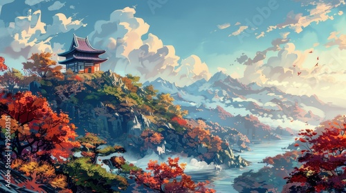 Beautiful anime-style illustration of a japanese landscape, digital art illustration