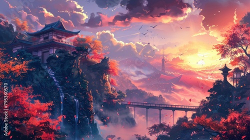 Beautiful anime-style illustration of a japanese landscape, digital art illustration