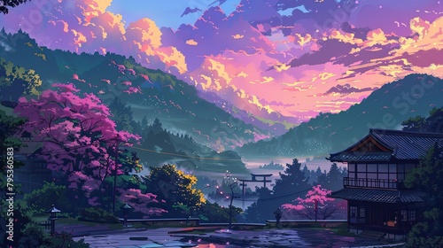 Beautiful anime-style illustration of a japanese landscape, digital art illustration