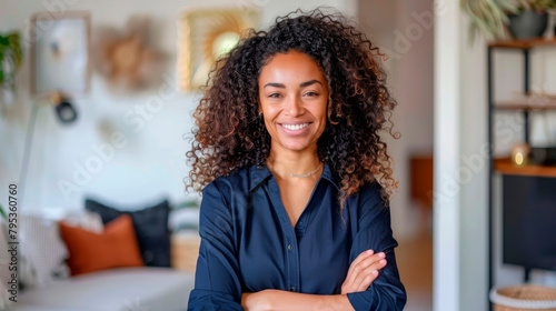 A woman with black  curl long hair is happily smiling with her arms crossed in a living room  showcasing her fashionable design and artificial hair integrations