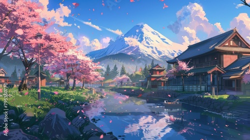 Beautiful anime-style illustration of a japanese landscape, digital art illustration