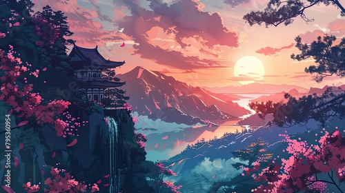 Beautiful anime-style illustration of a japanese landscape, digital art illustration