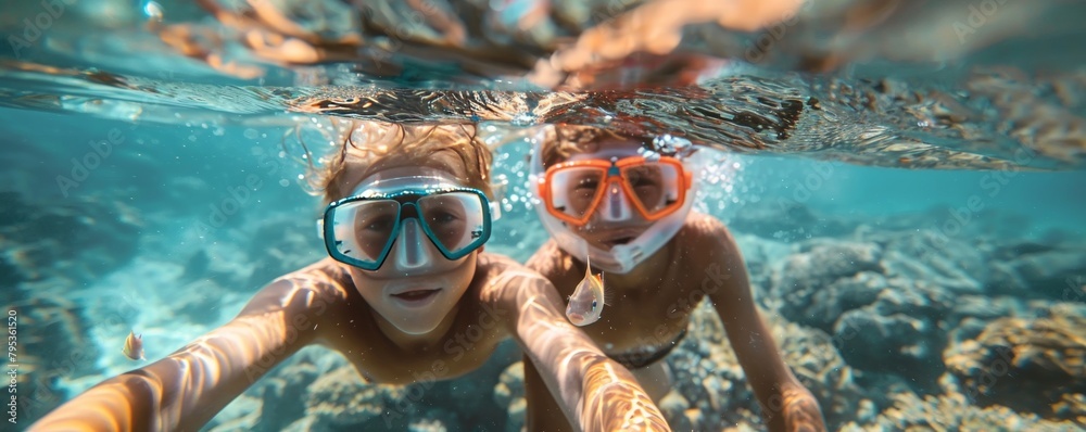 Naklejka premium Mother and son discover small fish while snorkeling