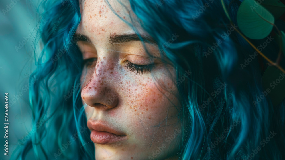 An extreme closeup photo of a woman's face showcasing her blue hair, freckles, colorful eyebrows, and long eyelashes. Her forehead, nose, cheeks, lips, and jaw are also visible in the shot.