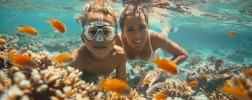 Mother and son discover small fish while snorkeling photo