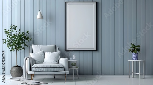  A white chair and a plant in a room with blue walls