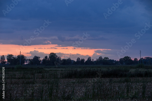 primo piano, da un'area rurale e naturale di campagna nel nord est Italia, di un tramonto arancione, parzialmente coperto da nuvole color blu di un temporale distante photo