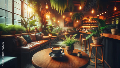 植物がたくさんあるカフェでコーヒーを photo