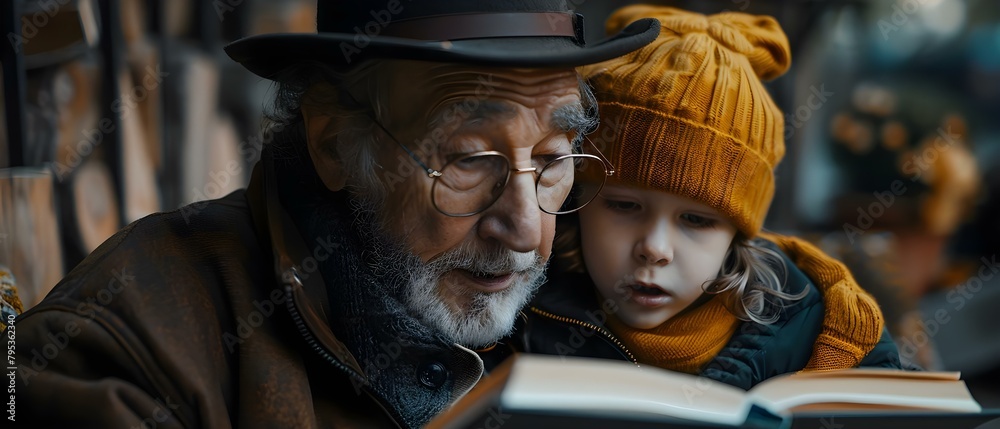 Grandfather and grandchild reading a book together in a cozy atmosphere. Concept Family Bonding, Story Time, Intergenerational Activities, Reading Together