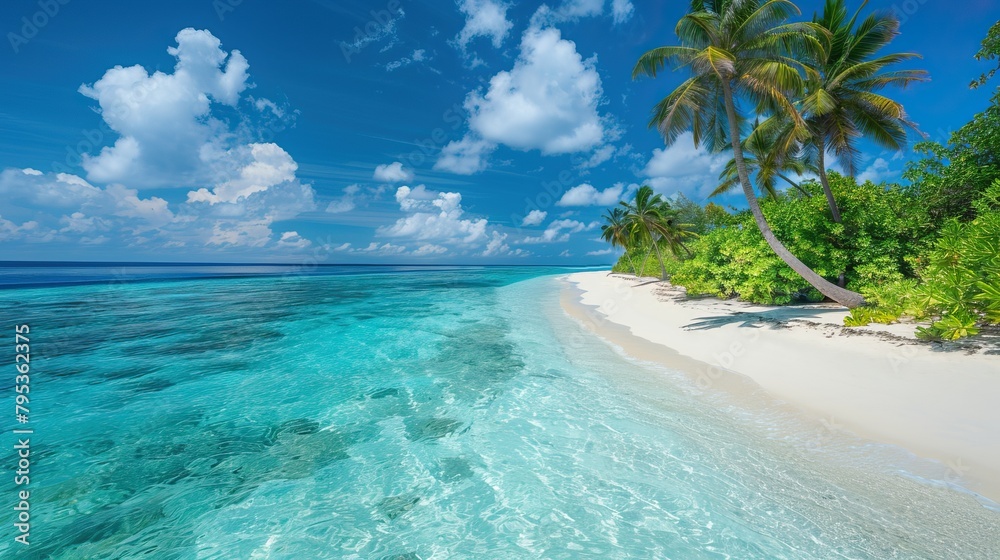 Luxurious tropical landscape. White sand with palm trees and azure sea. A heavenly place to relax. Beautiful exotic summer beach background for design. Luxurious tropical landscape. White sand with palm trees and azure sea. A heavenly place to relax. Beautiful exotic summer beach background for design.