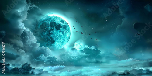 green  night sky with green moon and clouds backhround, green halloween background, scary spooky night
