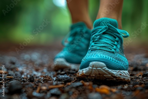 Vivid turquoise running shoes on a rugged forest trail  emphasizing the harmony between active lifestyle and nature s tranquility