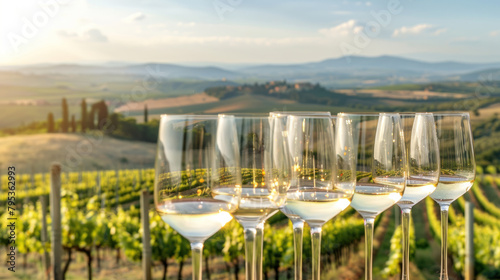 Wine tasting on summer patio, warm sunny weather, vineyards in the background