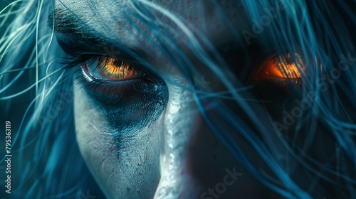 fantasy video game art style screen shot of the face and eyes of an adult man with long blue hair, orange glowing pupils, white skin photo