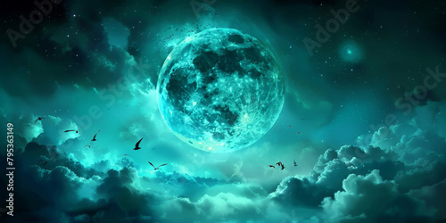 green  night sky with green moon and clouds backhround  green halloween background  scary spooky night