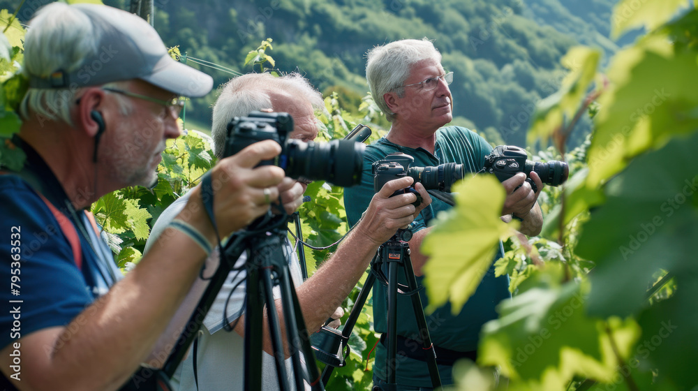 Group of wine journalists, photographers and video makers, filming on a vineyard - obrazy, fototapety, plakaty 