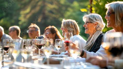 Group of senior people enjoying wine on summer restaurant terrace