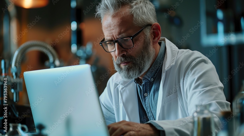 Thoughtful serious mature senior man computer engineer working with laptop and industrial facilty or production lant A man wearing glasses is sitting with a laptop AI generated image