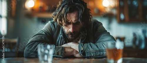 Man with hangover and alcohol poisoning sits at table in distress. Concept Hangover, Alcohol Poisoning, Distress, Man, Table photo