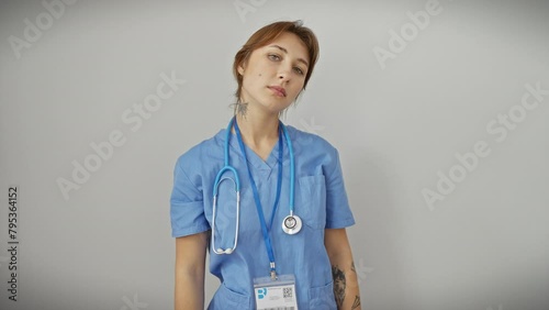 Natural and simple, young caucasian woman, face sporting a serious look, trustingly gazing into camera. wearing doctor's stethoscope, isolated on white background photo