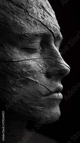 a frontal view of a somber figure encapsulating a tragic narrative through nanotechnology-inspired details, portrayed with stark contrast in black and white photography