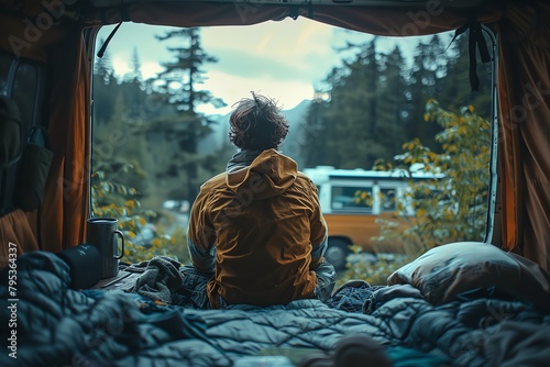 Capture the essence of solitude and introspection during a wilderness camping trip from a rear view angle, incorporating surreal lighting effects that blur the line between reality and introspective i