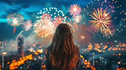 City skyline illuminated by a dazzling night celebration with colorful fireworks.