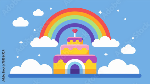 A rainbowthemed cake as the centerpiece of the dessert table adorned with bright fondant rainbows and clouds.