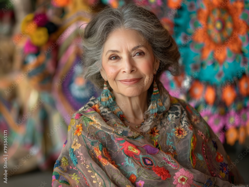 A woman is sitting in a chair wearing a colorful scarf. She is smiling and looking at the camera