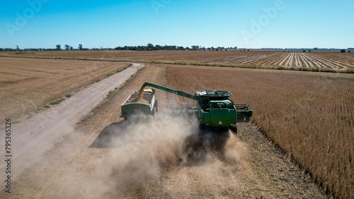 Aerial view of combine harvesters working during the harvest season in a large field of ripe wheat in Argentina.