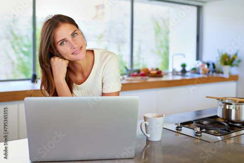 Woman, laptop and portrait in kitchen with remote work from home for freelance copywriting with smile. Girl, person and writer with pc, happy and morning in house, creativity and editing with coffee Free Download Woman, laptop and portrait in kitchen with remote work from home for freelance copywriting with smile. Girl, person and writer with pc, happy and morning in house, creativity and editing with coffee - GFXLoad