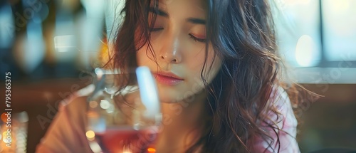 Upset young Asian woman drinking wine alone looking heartbroken and intoxicated. Concept Loneliness, Heartache, Unhappiness, Emotional Distress, Alcohol Consumption photo