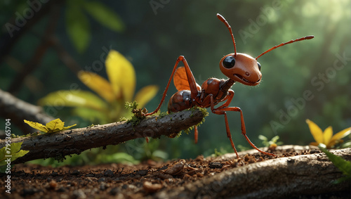 ant carrying food across a twig