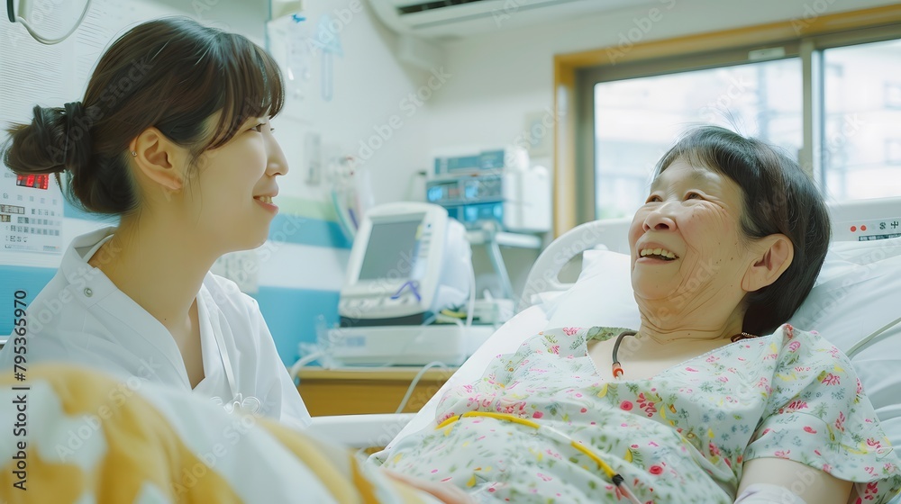病室で看護師のケアを受ける日本人の笑顔の高齢女性 病室で看護師のケアを受ける日本人の笑顔の高齢女性