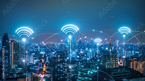 Modern city with wireless network connection and city scape concept. Wireless network and Connection technology concept with city background at night. photo