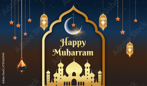 Celebrate Happy muharram islamic new year greeting banner template design