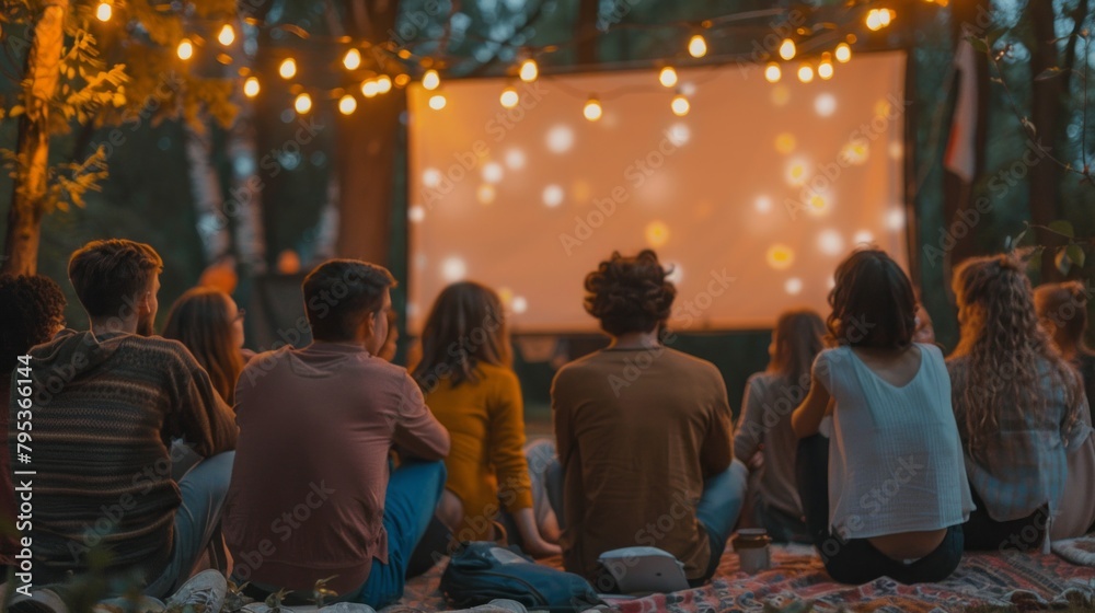 Naklejka premium A group of people are sitting on a blanket in a forest