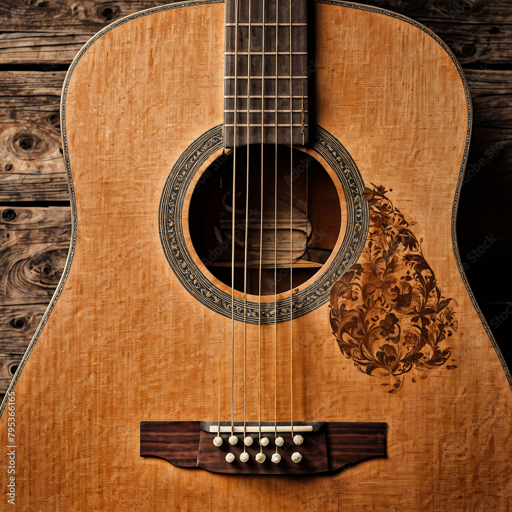 Fototapeta premium A rustic acoustic guitar. generative ai