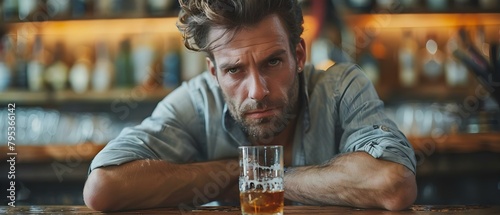 Depressed man struggles with alcohol addiction empty glass on table indoor. Concept Depression, Alcohol Addiction, Empty Glass, Indoor Setting photo