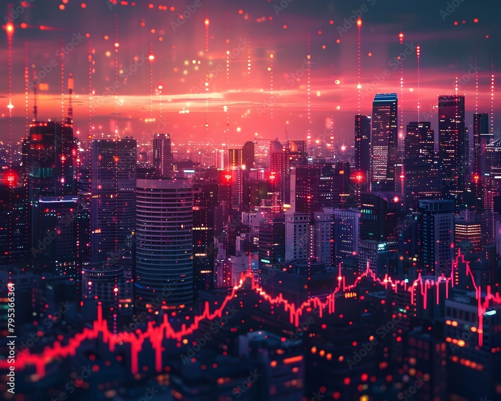 Illuminated Cityscape and Glowing Financial Graphs Backdrop Depicting Urban Economic Impact
