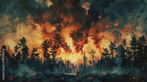 Dramatic painted background depicting forest fires, explosions, and the chaos of war. photo