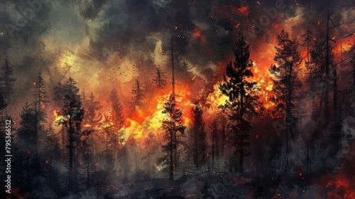 Dramatic painted background depicting forest fires  explosions  and the chaos of war.