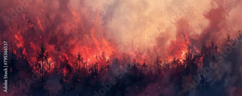 Dramatic painted background depicting forest fires, explosions, and the chaos of war.