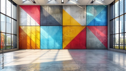 Eye-catching abstract design of colorful shapes on a concrete wall, within a modern architectural space and natural light © evannovostro