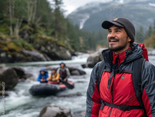 A man in a red jacket and hat is smiling at the camera while standing next to a river