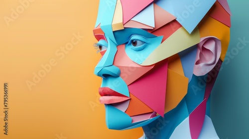 Paper craft illustration featuring a young man adorned with multi-colored geometric shapes, creating a vibrant and dynamic composition.