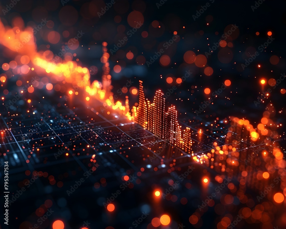 Glowing Financial Cityscape Visualizing Market Dynamics and Volatility in a Vibrant Nightscape