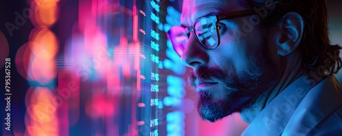 Meticulous financial analyst scrutinizing intricate graphs glowing under UV light copy space