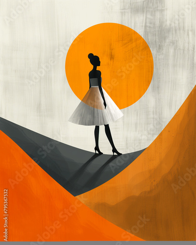A woman in a white dress stands on a hillside with a large orange sun in the bac