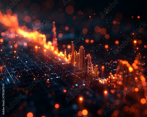 Glowing Financial Cityscape Visualizing Market Dynamics and Volatility in a Vibrant Nightscape